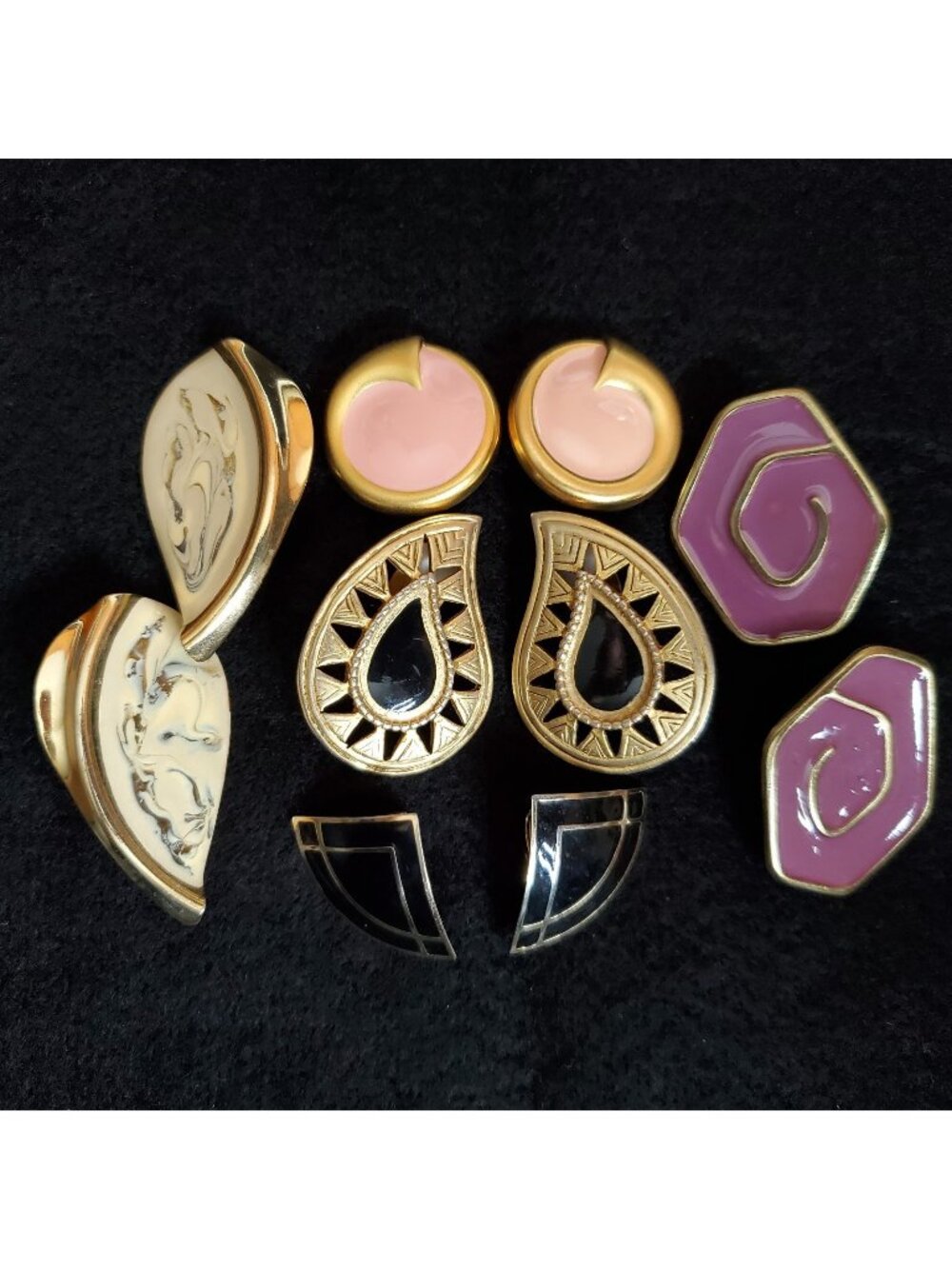 Vintage Earrings Gold Tone Enamel Statement Retro Clip On Lot of 5 Pair